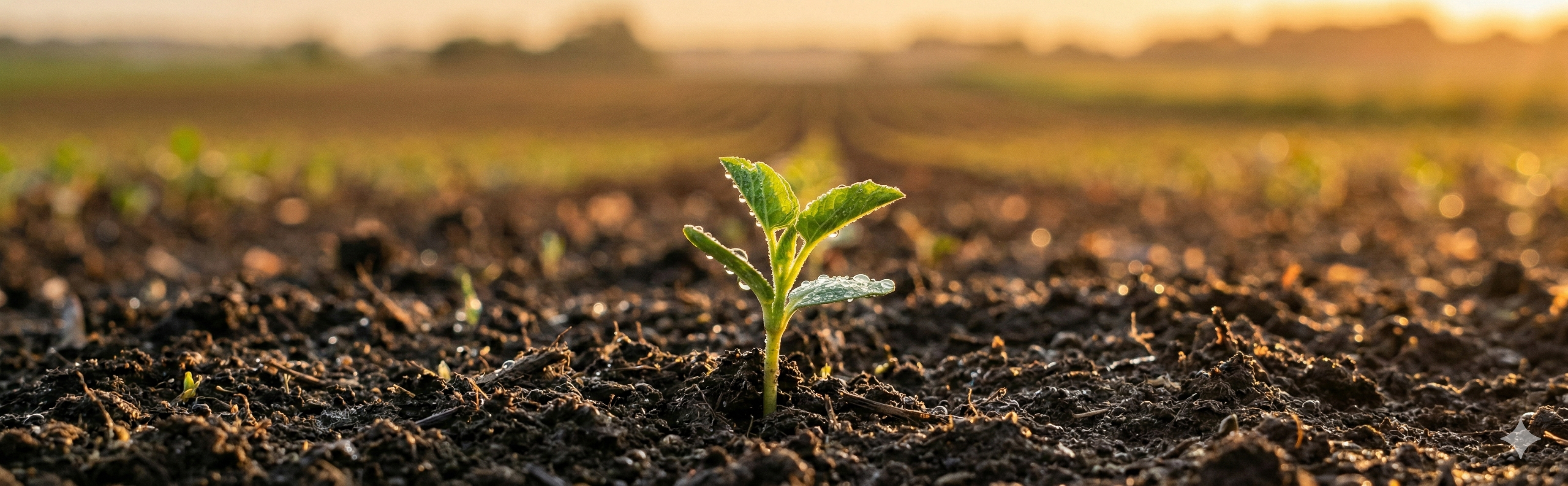 A seedling growing from rich soil in golden sunlight, symbolizing growth and resilience