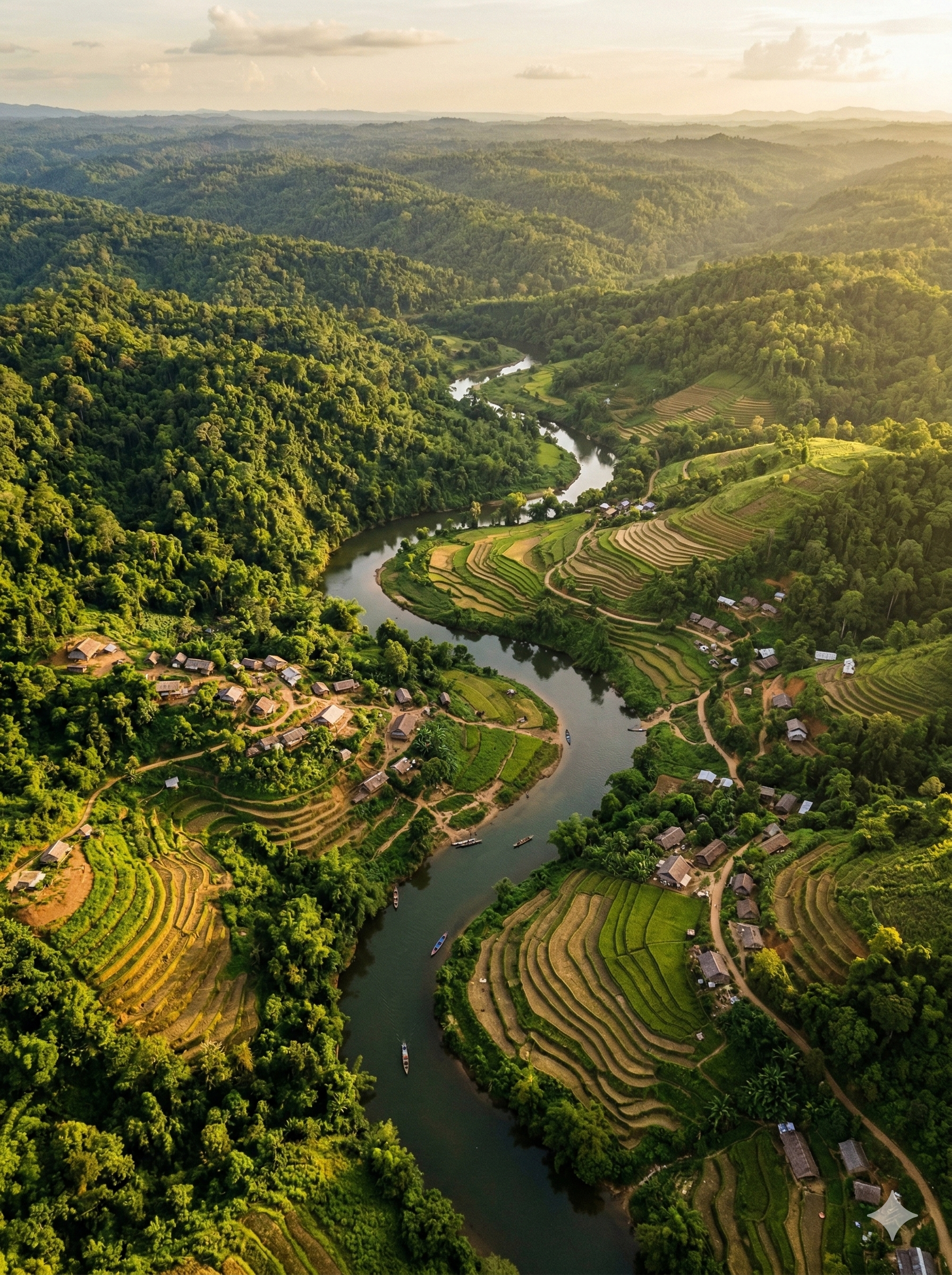 Aerial view of a lush tropical landscape with a river winding through dense green forest and villages